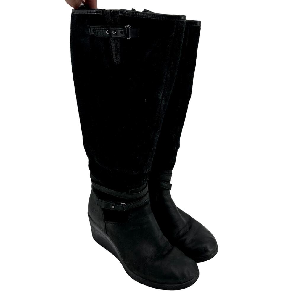 UGG Lesley Wedge Knee High Boots Waterproof Buckle Zip Suede Leather Black 6